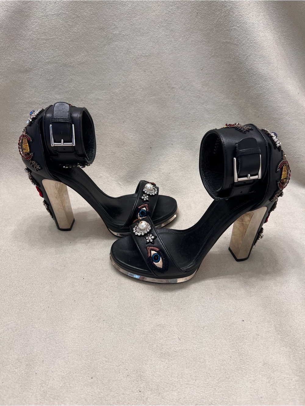 Alexander McQueen Leather Black Embellished Crystal & Embroidered Heel Sandals